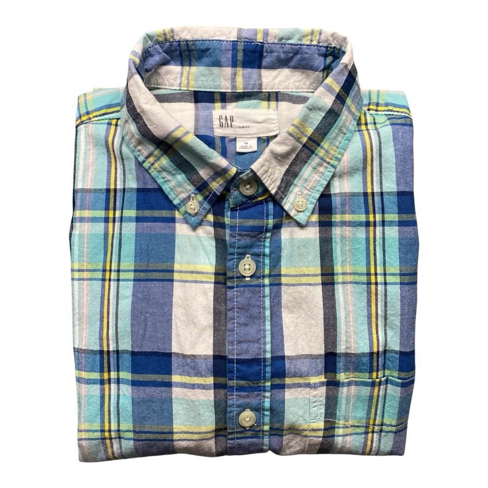 GAP Slim Fit Plaid Shirt Long Sleeve Button Up Blue White Green Stripes Mens Med
